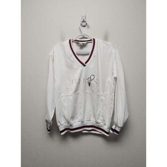 quantum Tops - Vintage Quantum Sports 80's Tennis Sports White Pullover Embellished Logo Front